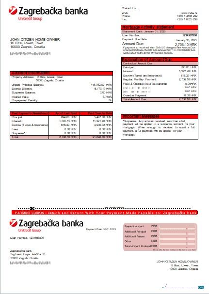 Download Croatia Zagrebačka bank mortgage statement scr Photoshop template